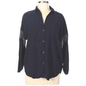 Zara Long Sleeve Blouse Size M Navy Blue Silver Beaded Fringe Button Front
